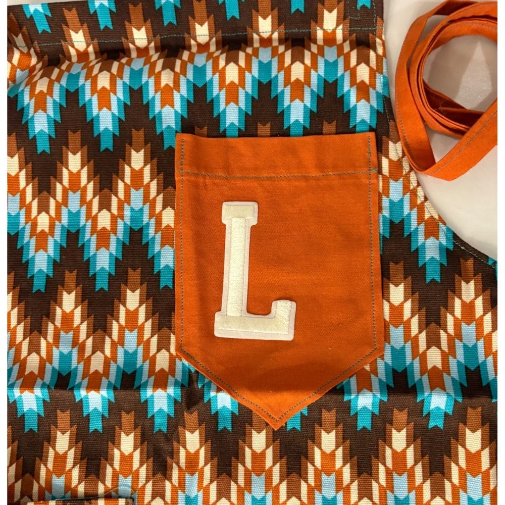 Handmade Kids Apron Initial L Brown Blue Orange Chevron Pattern Crafting Cooking